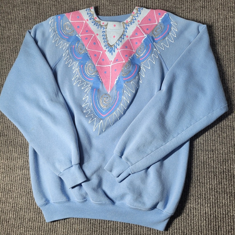 VTG Hanes Sweatshirt Adult Extra Large XL Blue Abstract Art Grannycore 90s